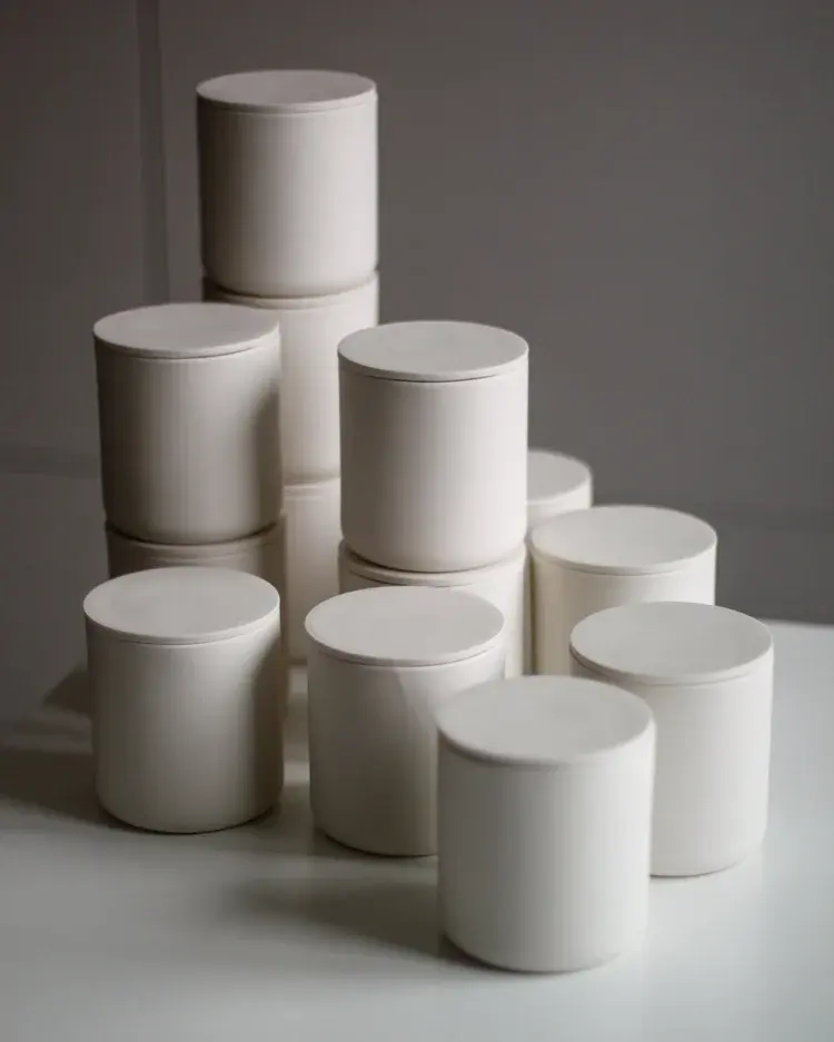 Slip-cast lidded jar in dusty rose glaze